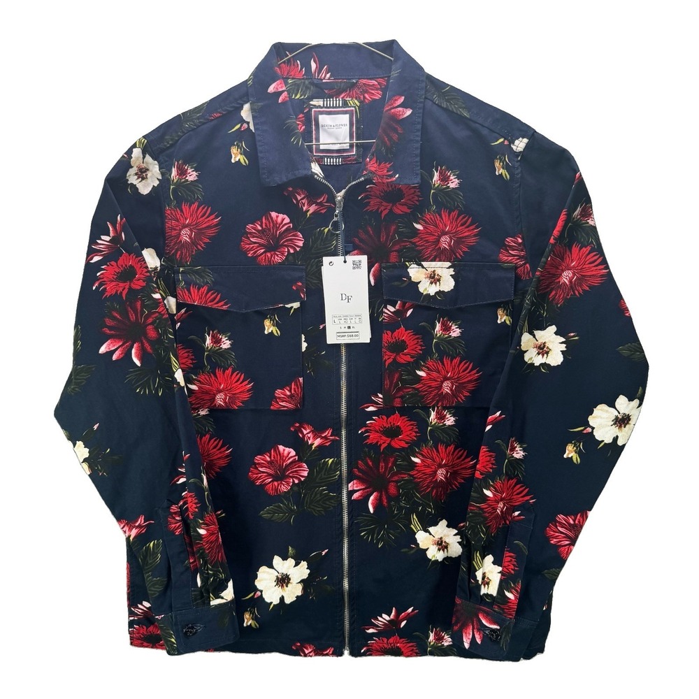 Denim & Flower Ricky Singh Jacket Mens Large Blue Floral Full Zip Overshirt NWT